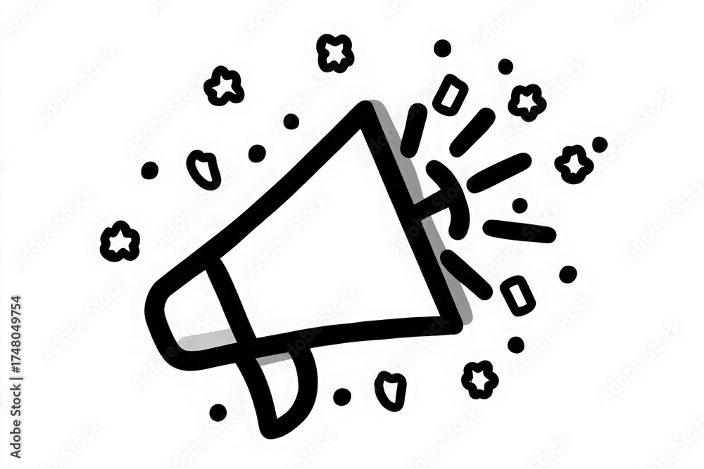 A megaphone in a bold design emits sound waves and is surrounded by stars and confetti. This lively scene captures the spirit of celebration and communication.