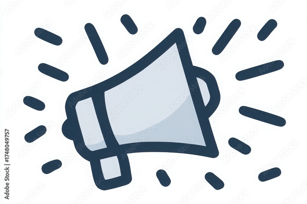 A loudspeaker is prominently displayed with rays radiating from it, indicating sound and attention. The design is clean and minimalistic, enhancing its visual impact.