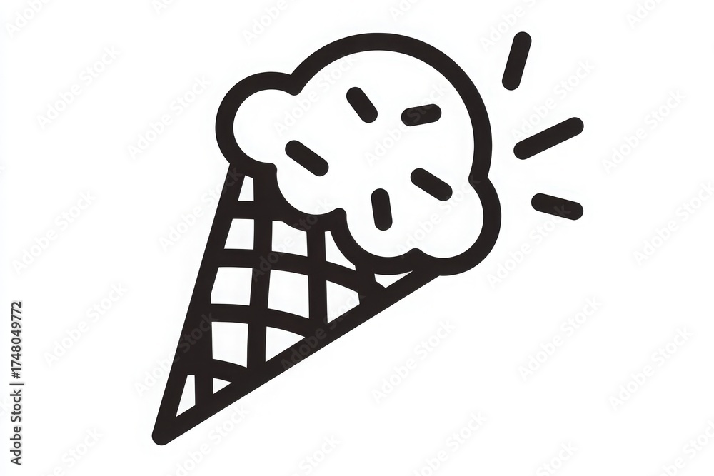An ice cream cone features a soft serve scoop on top. The cone has a classic waffle design, and the ice cream has a swirl pattern. This treat is perfect for enjoying outdoors on a warm afternoon.