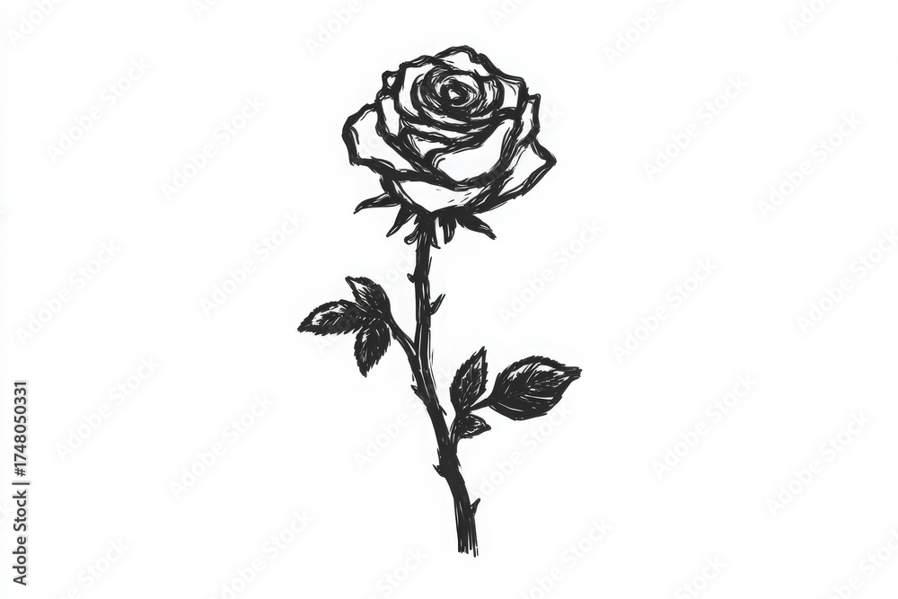 A beautifully drawn rose stands tall in black and white, showcasing intricate petal details and elegant leaves against a plain backdrop, highlighting its classic beauty and charm.