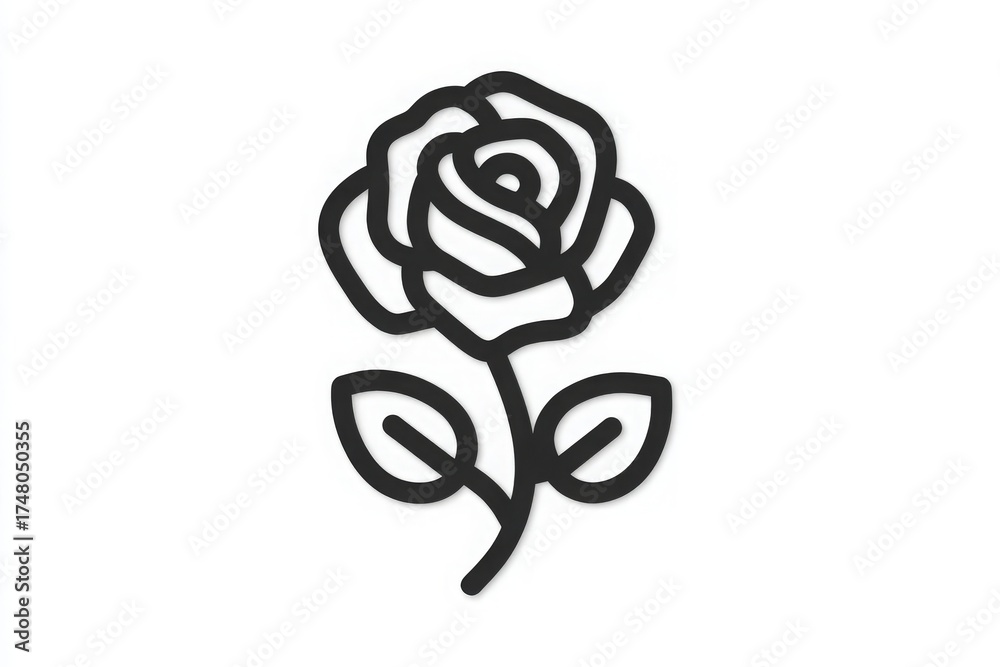 A black outline drawing of a rose showcases its petals and leaves. The design is minimalistic, featuring smooth lines against a plain white background, highlighting the beauty of the flower.
