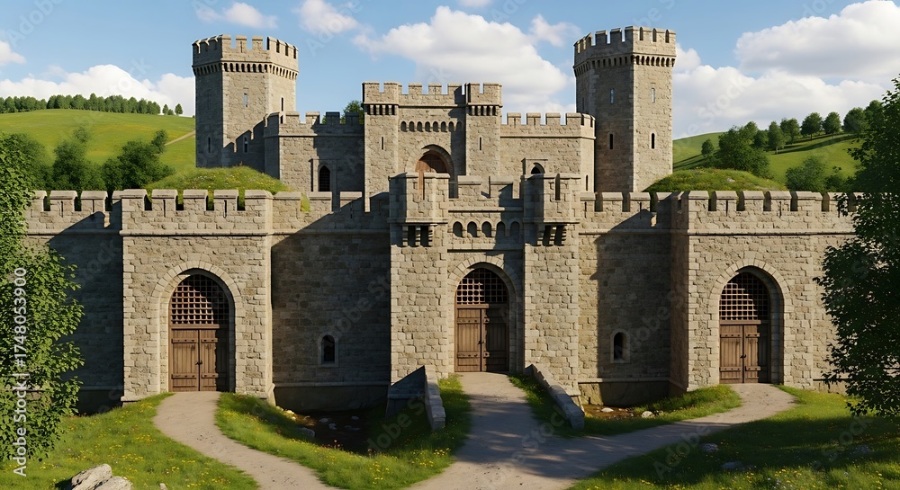 Majestic Castle with Towers and Stone Walls on a Sunny Day. Stock Photo ...