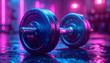 © otra - Close-up of a heavy dumbbell resting on a wet, reflective floor in a dimly lit gym with neon lighting