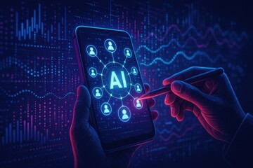 Hand Holding Smartphone With AI Network Visualization and Data Analysis in Dark Background