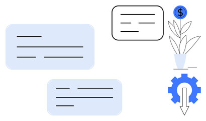 Abstract text boxes paired with growth themes thumbs up plant with dollar coin, gear with downward arrow. Ideal for business, finance, investment, strategy, innovation, growth process. Simple flat