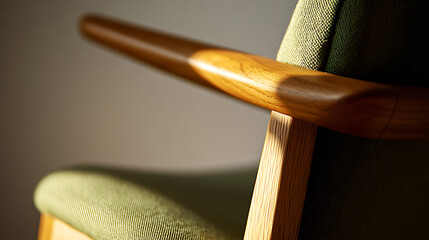 Close-up of a wood-framed chair with light green upholstery. The wood is warm-toned with a smooth finish. Soft, diffused light highlights the texture of the wood and fabric.