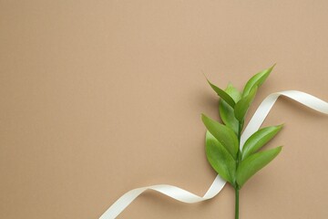 Wall Mural - Beautiful ribbon and green leaves on beige background, flat lay. Space for text