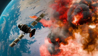 Wall Mural - Satellite in Space passing planet on fire, 3D animation