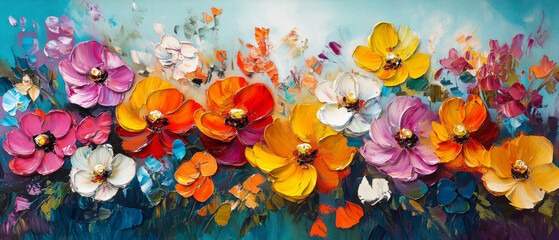Wall Mural - Bright brushstrokes of paint with flowers on a blue background convey a summer atmosphere, ideal for creative projects, interior design, and gardening advertising.