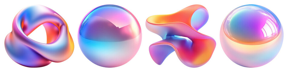 Wall Mural - PNG Colorful abstract 3D shapes with smooth, glossy surfaces element set on transparent background.