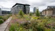 © Justlight - Medium shot capturing rooftop garden on urban building illustrating integration of green roofs for improved insulation and biodiversity support.