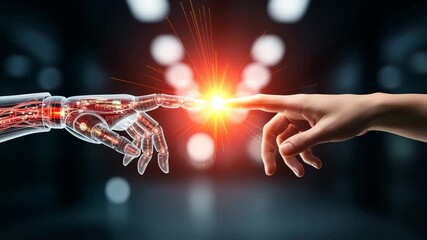 Robotic Hand and Human Hand Touching with Light image photo