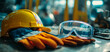 © AS Studio - Personal protective equipment yellow hard hat safety glasses gloves for industrial workplace safety