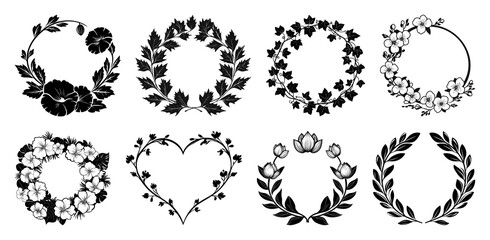 Wall Mural - PNG Elegant floral wreaths silhouette collection, element set on transparent background