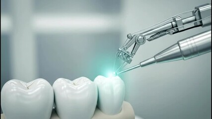 Robotic arm performing dental laser procedure on tooth for modern dentistry technology. Medical innovation 3d animation.