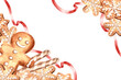 © susie_p_art - Gingerbread man with star shape cookies and wafer rolls, watercolor Christmas greeting card. Isolated frame template for winter background. Hand-drawn illustration traditional holiday sweet baking.