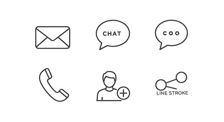 A set of six simple line icons representing communication and social networking on a white background created with generated ai
