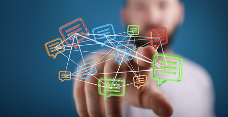 Conceptual image representing digital communication, social networking, and interconnected ideas. A hand interacts with interconnected message b