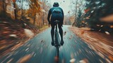 Dynamic Autumn Cycling: Panning Shot of Cyclist on Leaf-Strewn Forest Road