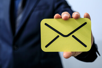 image of a businessman holding a yellow card with an email icon. perfect for communication, marketin