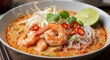 © Nur Stock - Flavorful and authentic Thai red curry noodle soup with fresh shrimp and lime