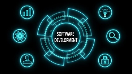 Glowing Neon line SOFTWARE DEVELOPMENT business and technology concept. Financial success concept on virtual screen. Business, Technology, Internet and networking concept. 4k video