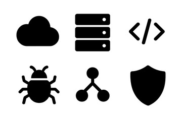 Wall Mural - Essential technology symbols: cloud computing, server, code, bug, network, and security shield