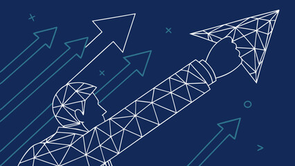 Digital illustration of businessman holding paper airplane, symbolizing growth and progress with arrows pointing upward in background