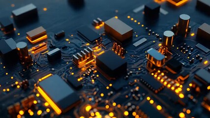 Circuit board with glowing circuits and microchip processing data
