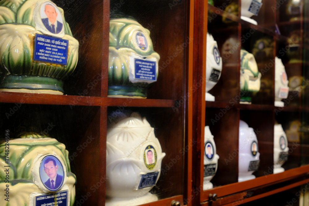 Buddhist temple. Funeral urn in a funeral home. Ashes of the deceased