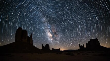 Wall Mural - Breathtaking star trails arc gracefully across a vast night sky above a desolate natural landscape, revealing cosmic motion in timelapse star trails, wilderness, serene