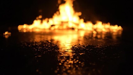 Sticker - brilliant orange flames reflect and shimmer on a dark, wet surface, captured with a smooth, low-angl