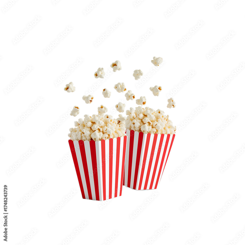 A realistic 3D render of two classic movie theater popcorn boxes overflowing with buttery kernels, isolated on a clean white background for design use