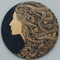  Golden profile of woman with floral hair on dark background