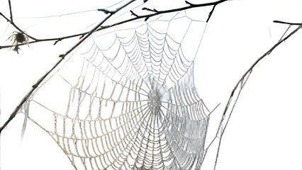 Delicate spider web adorned with morning dew drops glistens on bare branches against a bright sky