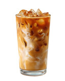 Iced latte with milk and ice in a tall glass, isolated on transparent background
