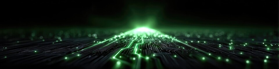 Abstract Digital Network Circuit Board with Glowing Green Lights and Dark Background