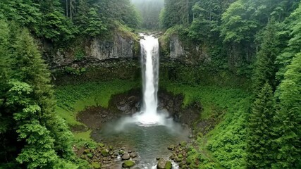 Wall Mural - Descending drone shot revealing a pristine waterfall cascading through a dense green forest on a misty afternoon nature, calm, verdant