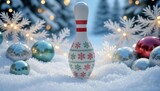 Festive bowling pin surrounded by colorful ornaments and soft white snowflakes in a snow-covered winter scene. Christmas and New Year greetings from the bowling club. Bowling alley