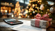 © Nina - A calculator rests beside paperwork and a gift, all placed near a decorated Christmas tree in a festive setting. Christmas and New Year greetings from the accounting, auditing firm. With copy space