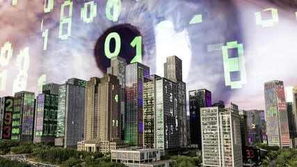 futuristic technology city with code and data and glitching eyes 