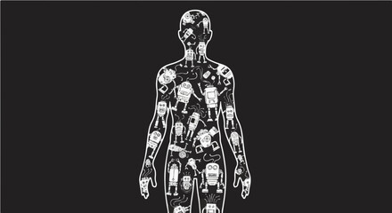 Diverse collection of playful robots intricately patterned across a human silhouette symbolizing technology integration and modern innovation