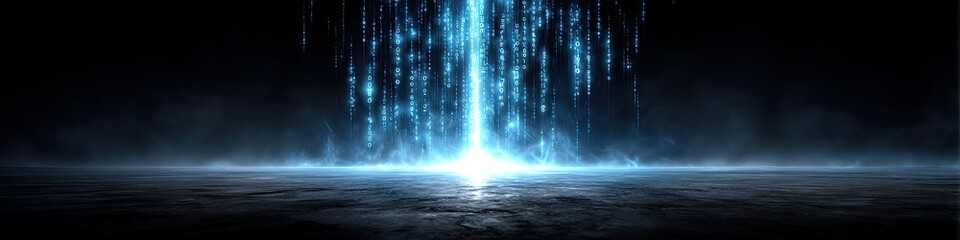 Abstract Vertical Blue Glowing Binary Code Falling From Above Onto Dark Textured Ground With Smoke And Light Rays