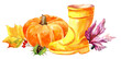 © Olena - Orange pumpkin, yellow rubber boot, colorful fallen leaves and chestnut, Thanksgiving ,fall, autumn, farm, harvest, gardening, isolated image hand painted watercolor illustration, 400dpi