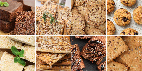 Wall Mural - Gritty of seedy food texture. Collection of cookies, crackers and puffed rice bars, collage