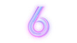 © Mendin - Number 6 glowing in blue and purple tones on transparent background with alpha channel, part of a high-quality neon number set for futuristic digital interfaces and creative designs, static digital il