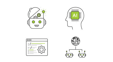 Vector illustration of artificial intelligence icons, robot head with gears, human head with ai chip, coding interface, and global network with robots, technology concept
