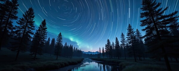 Wall Mural - Forest edge next to river shows stars moving in circles overhead. Northern lights glow green and blue. Night landscape with tall trees and distant mountains. Sky full of constellations.