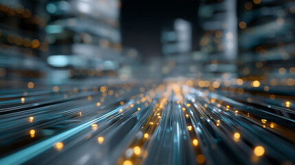 Wall Mural - Cityscape Data Stream: Abstract digital lines surge through futuristic urban architecture, conveying high-speed technology and seamless connectivity.