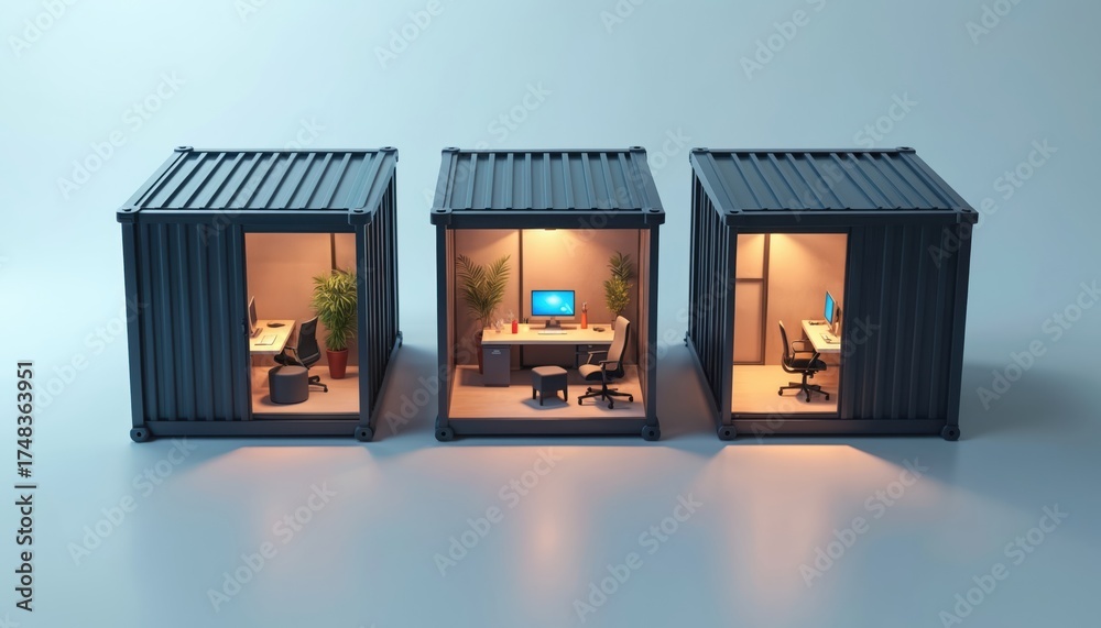 Three modern office spaces inside industrial shipping containers. Each ...